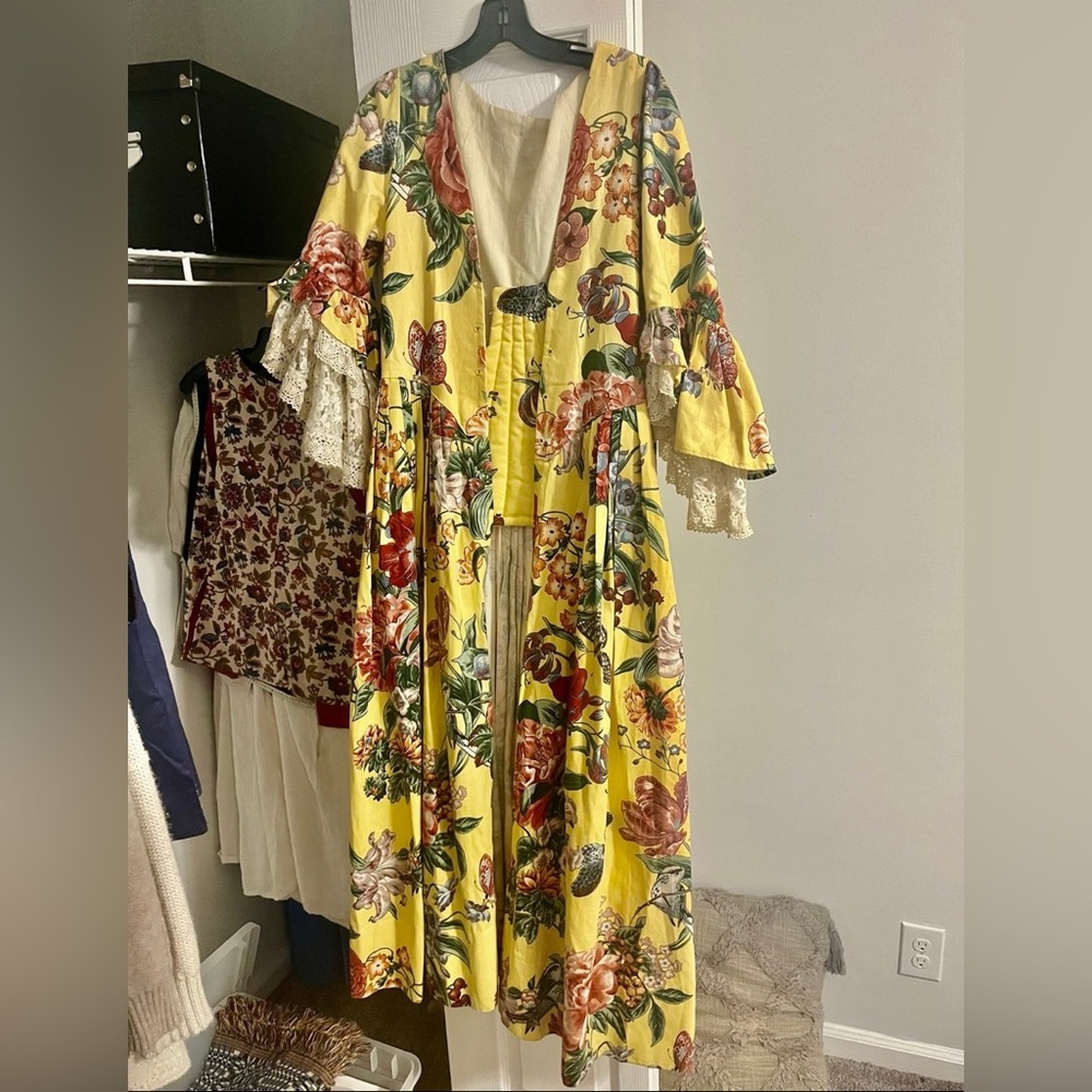 Bridgerton Hand Made Cotton Yellow Floral Maxi Dress with Lace Trim
